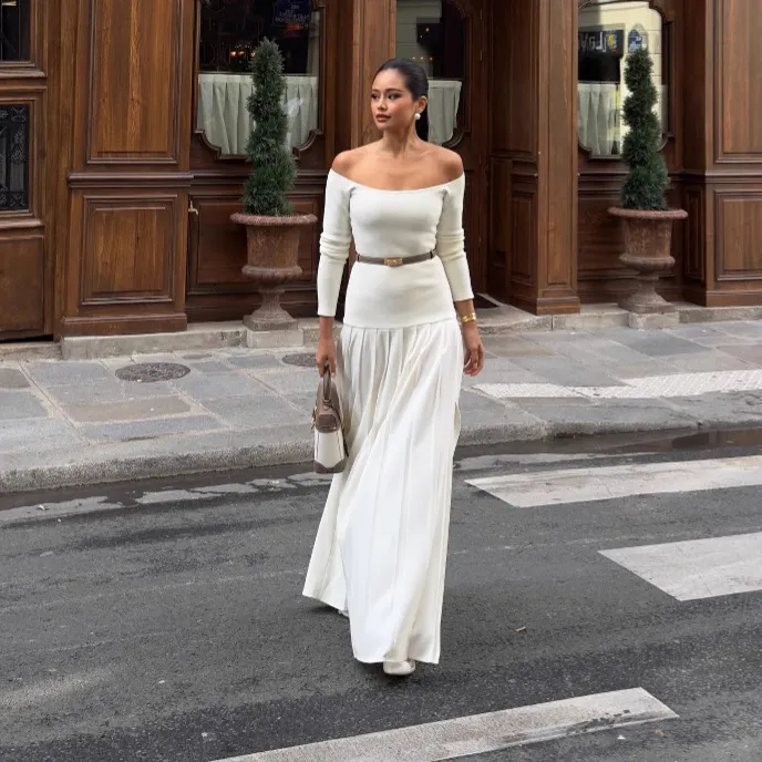 vintage polyester dress White Polyester Midi Dress with Vintage Pleated Shirt Design Off White / S