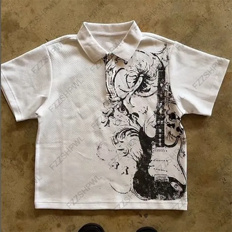 【00s】Damage Print Polo 平成Y2K Y2K Polo Shirt Harajuku Graphic Print Hip Hop From Yujia02