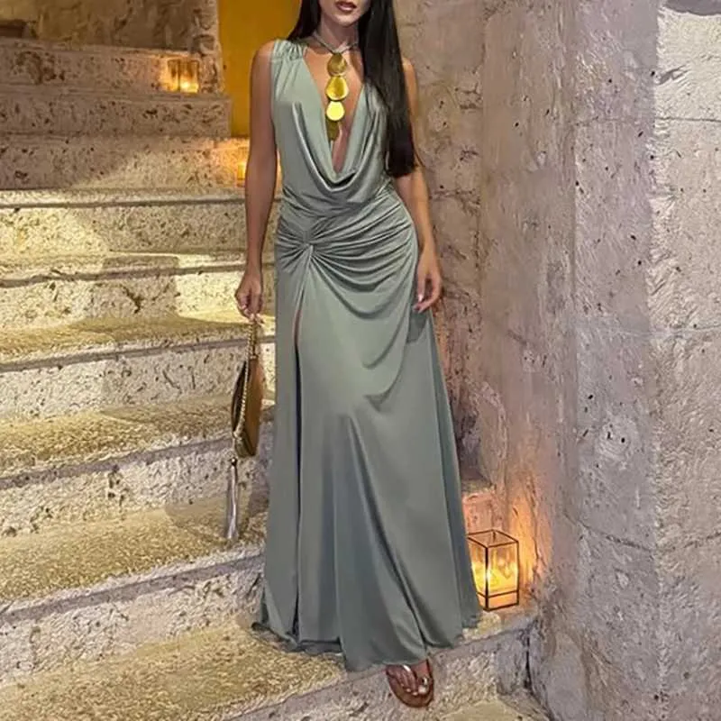 dress women elegant split Elegant Split Women' s Dresses Solid Square Collar Backless Sleeveless Long Dress Female 2026 Spring Summer Party Evening Robes