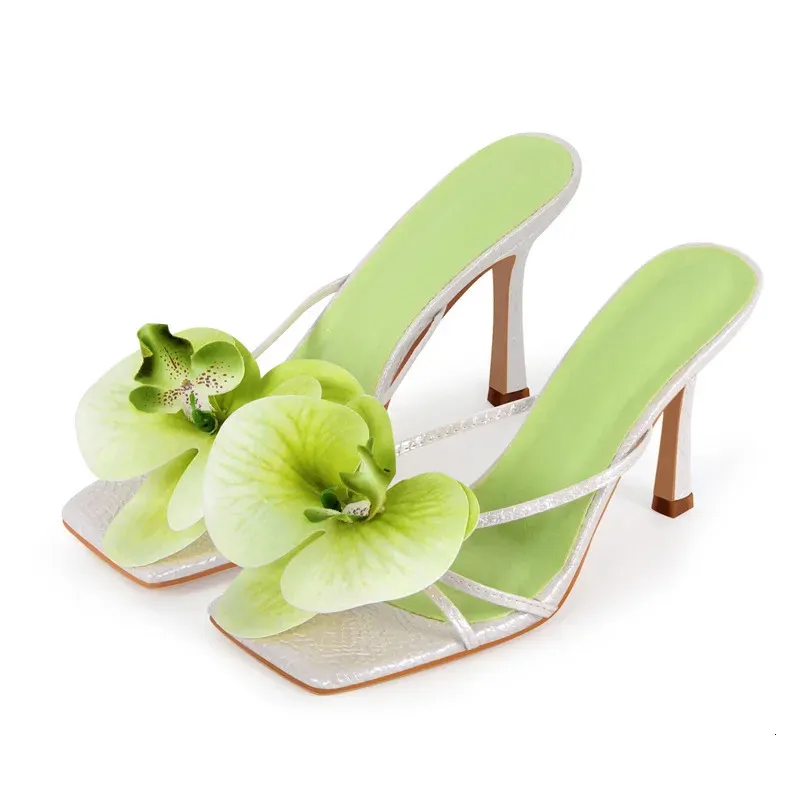 Onlymaker Women Pink Square Toe Flower Mulesl Orchid Heels For Woman Slip On Thong 10CM Thin Heel Sandals 260325_voghion.com