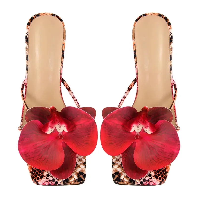 Onlymaker Pink Flower Mules Square Toe Stiletto Sandals For Women_voghion.com