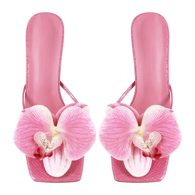 Onlymaker Women Pink Square Toe Flower Mulesl Orchid Heels For Woman Slip On Thong 10CM Thin Heel Sandals 260325_voghion.com