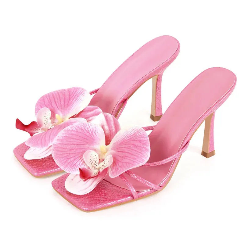 Onlymaker Pink Flower Mules Square Toe Stiletto Sandals For Women_voghion.com