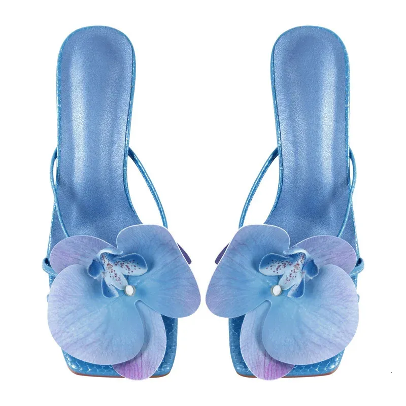 Onlymaker Pink Flower Mules Square Toe Stiletto Sandals For Women_voghion.com