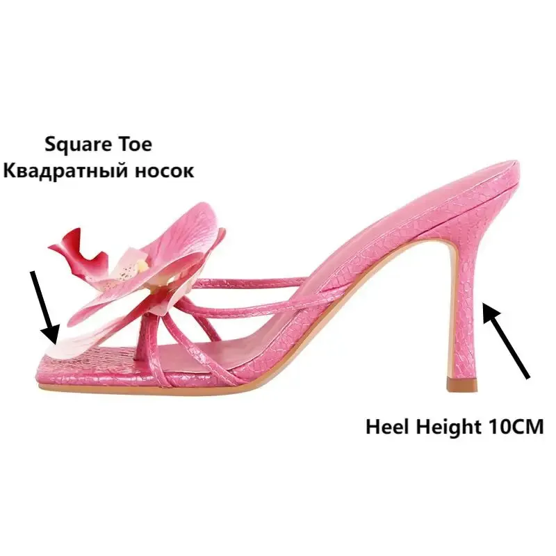 Onlymaker Women Pink Square Toe Flower Mulesl Orchid Heels For Woman Slip On Thong 10CM Thin Heel Sandals 260325_voghion.com
