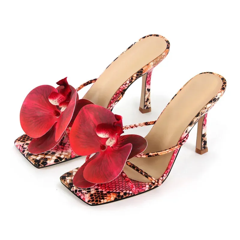 Onlymaker Pink Flower Mules Square Toe Stiletto Sandals For Women_voghion.com
