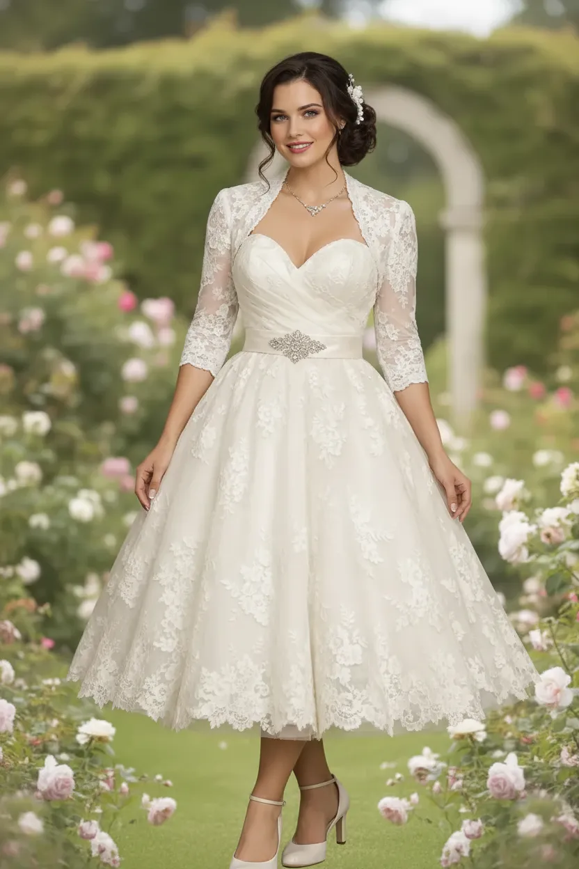 Vintage A-Line Lace Civil Wedding Dress with Short Jacket, 3/4 Sleeve, Tea-Length Classic Garden Bridal Gown, Ivory White, Custom Made