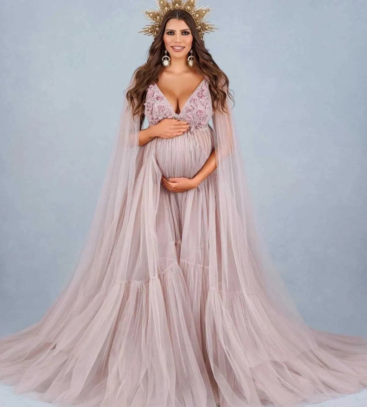 Lace Maternity Gown with Cape Tulle Pearls Brief Style Natural Color for  Photoshoot or Babyshower from Dhgate Maternity Dresses - price 99.24