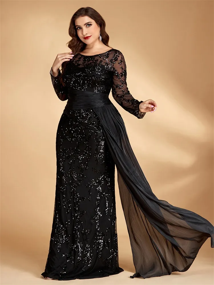 black sequin plus size dresses Plus Off Shoulder 3/4 Sleeves Sequin A Line Dress Curvepretty