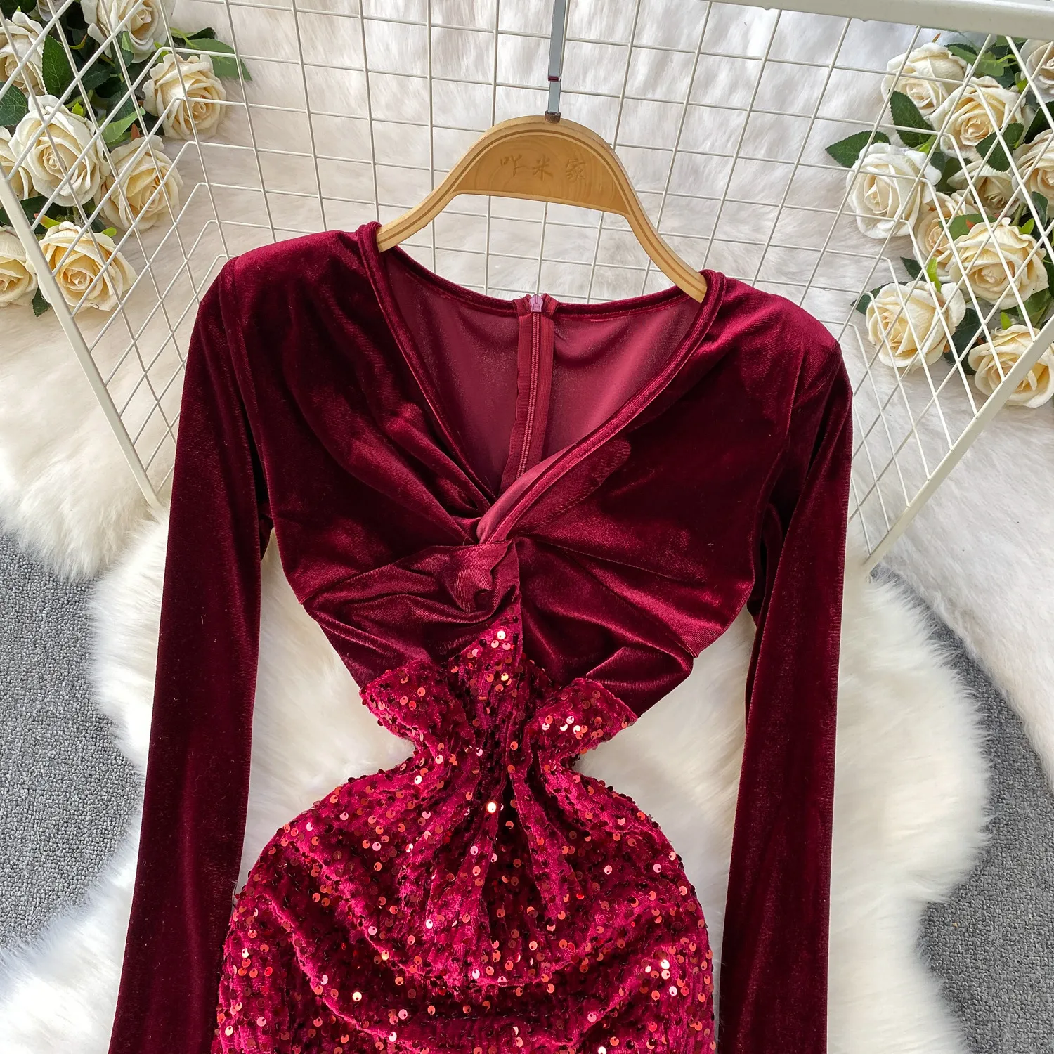 red velvet dress ladies Sequin Midi Dress, Cocktail Party sleeve-short