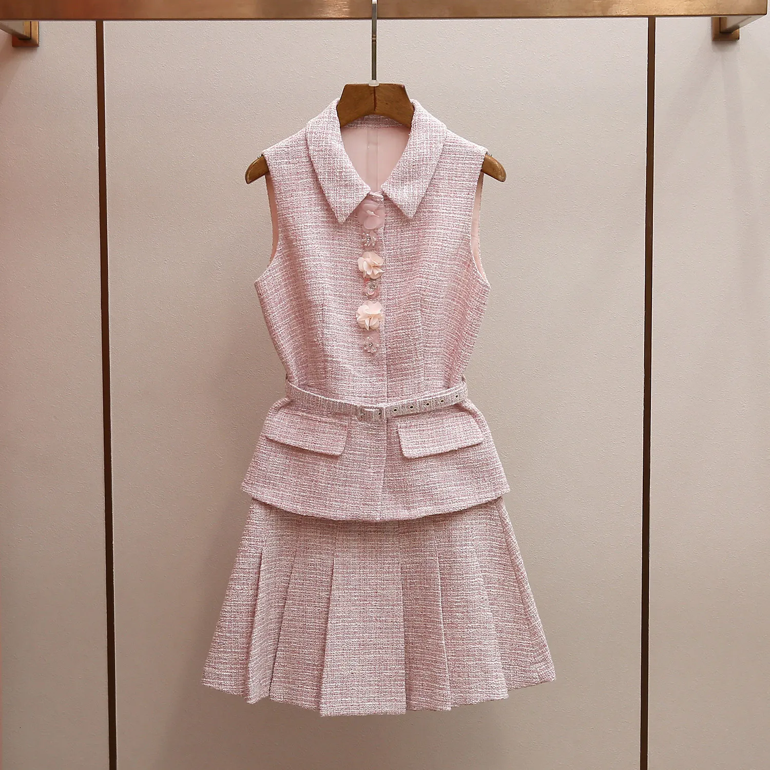 womens pink tweed dress Elegant Pink Tweed Long Sleeve Belted Dress
