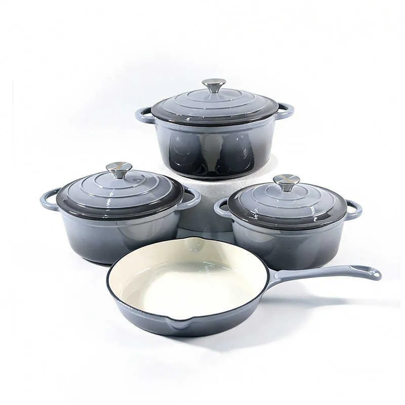 Set Of Cast Iron Enamel Frying Pan, Soup Pot, Stew... 