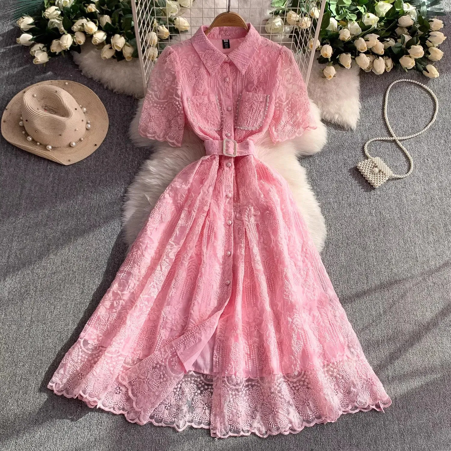 lace o neck dress hollow Spring Hollow Backless Lace Party Dress Womens Sexy O-Neck A-Line Mini Dress Summer High-Waisted