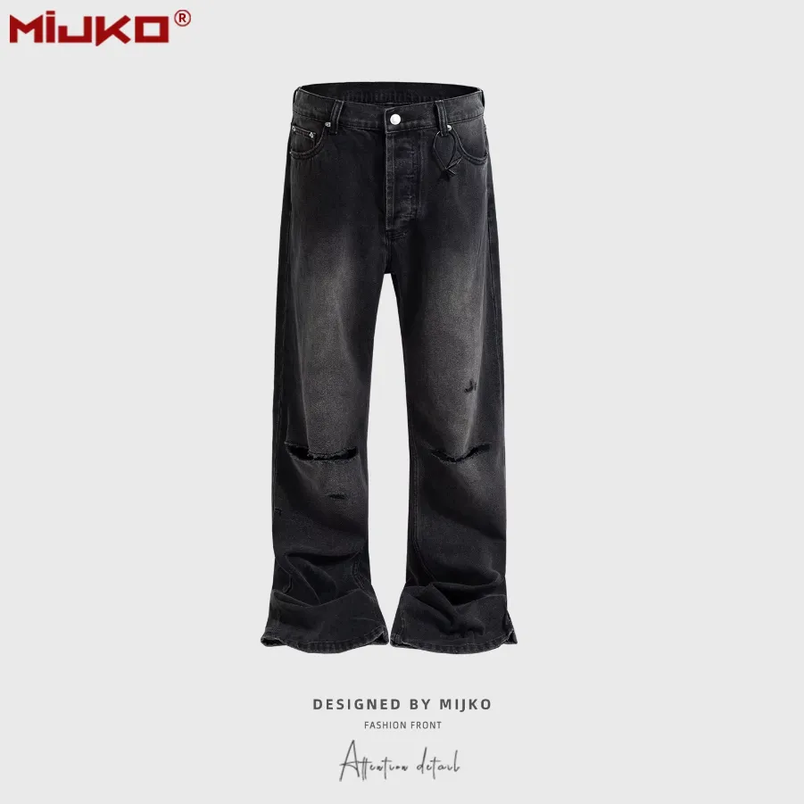 MIJKO ジーンズ ナイフカットホールハンドペイント ダメージデニム 