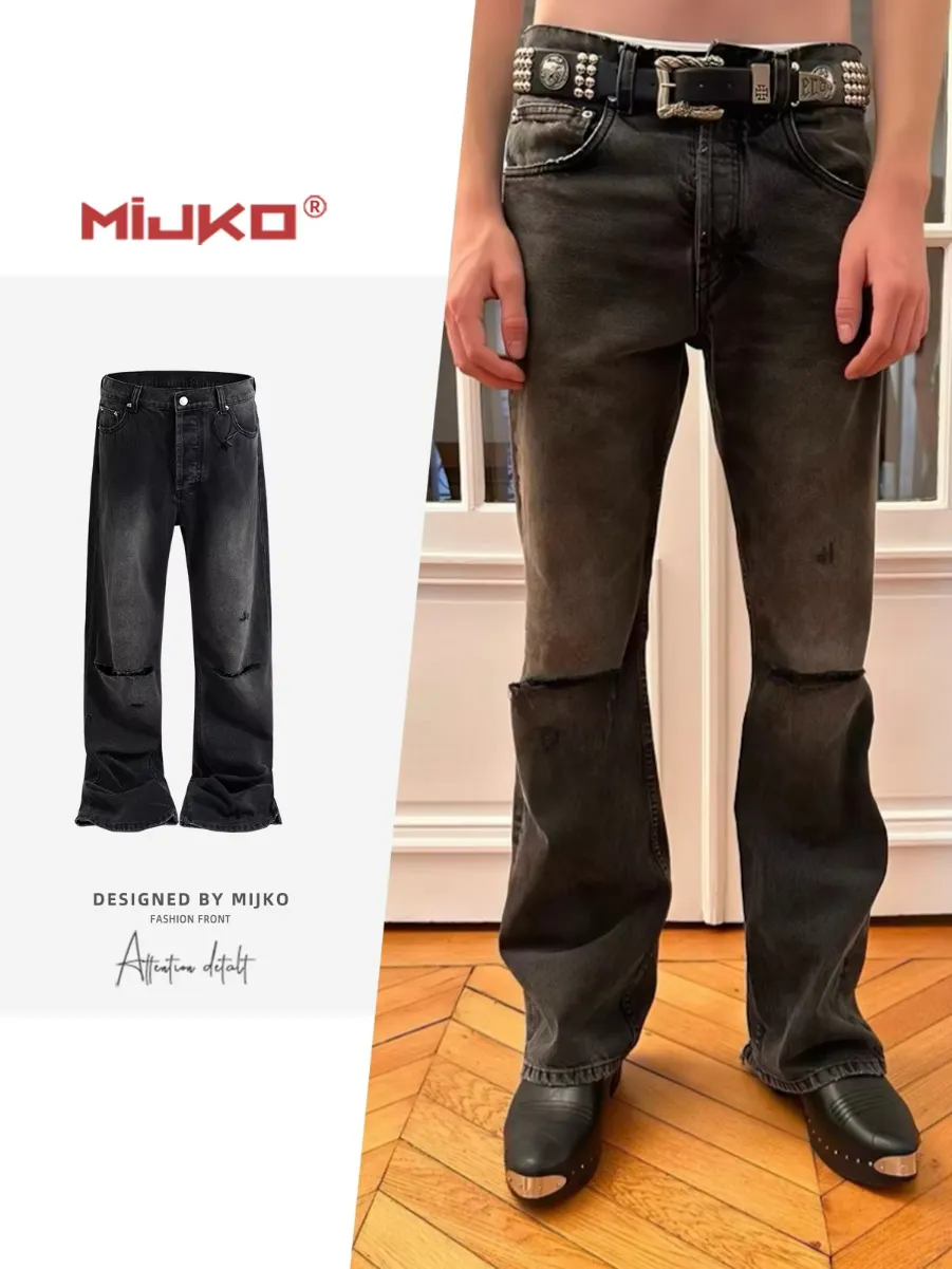 MIJKO ジーンズ ナイフカットホールハンドペイント ダメージデニム 