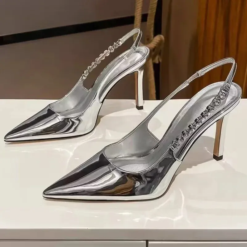 Shiny High Heels Slingback Women Pumps Metallic Crystal Sandals Pointy Toe Stiletto Heeled Silver Party Dress Shoes_voghion.com