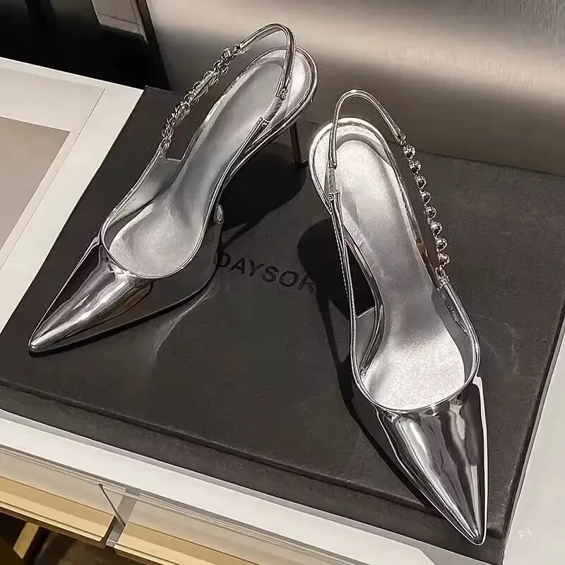 Silver Metallic High Heels Stiletto Slingback Pointy Party Shoes_voghion.com