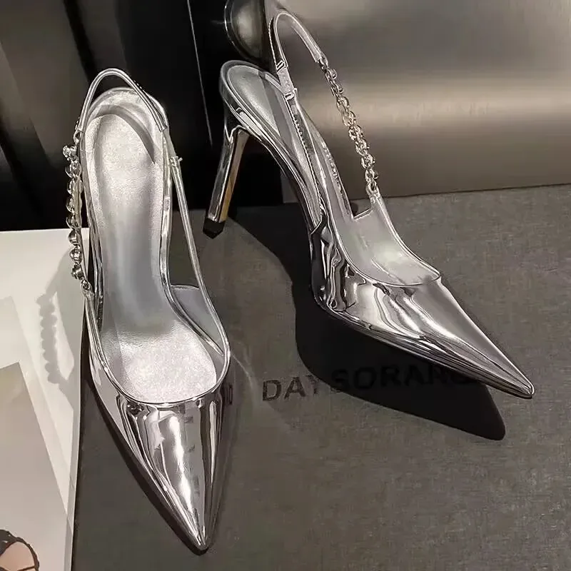 Shiny High Heels Slingback Women Pumps Metallic Crystal Sandals Pointy Toe Stiletto Heeled Silver Party Dress Shoes_voghion.com