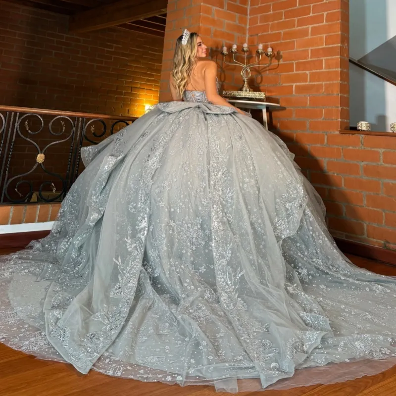 sparkly silver sweet 16 dresses Sparkly Silver Sequined Appliques Ball Gown Quinceanera Dresses Tassel  Sweet 16 Prom Dress Vestidos Dy6848