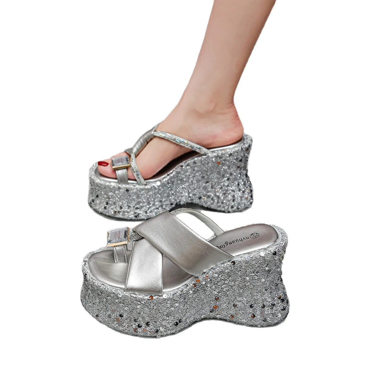 Thick Soled Sandals For Women In The Summer Of 2026 New Style Toe Set With Rhinestone Sequins Fashionable One Piece Drag_voghion.com