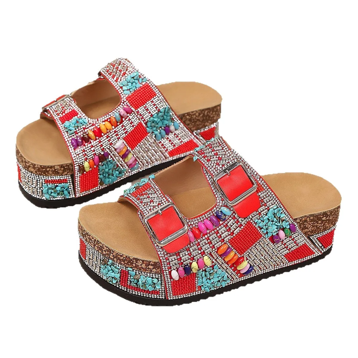 New Thick Bottom Water Diamond Double Button Beach 2026 Summer Cork Cool Slippers For Women_voghion.com