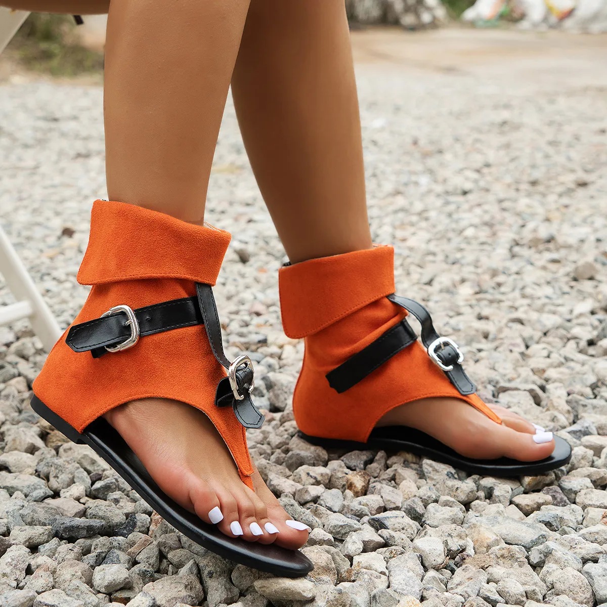 Wedge Flat Roman Sandals Denim Fabric Leather With Buckle High Top Herringbone Cool Boots For Women_voghion.com