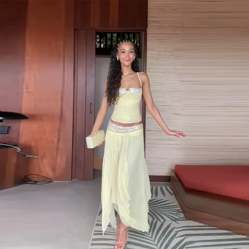 chiffon vest dress MOMO & MOLLY High quality homemade loose chiffon dress vest + skirt Apricot One-size