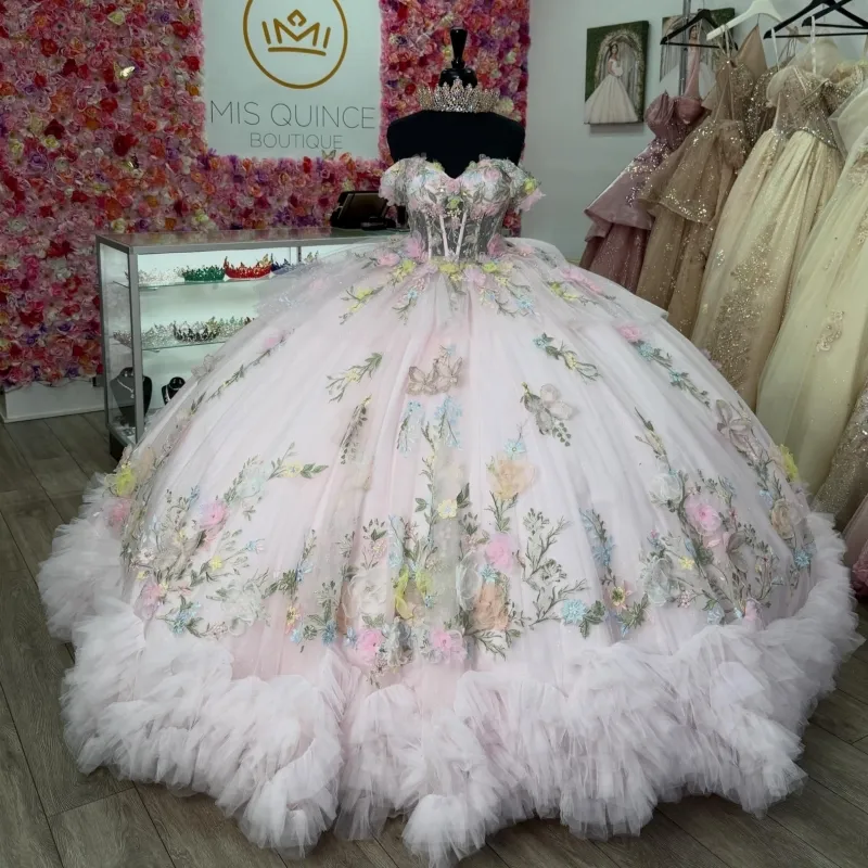 pink and white sweet 16 dresses Pink And White Ball Gown Off The Shoulder Appliques Backless Sweet 16 Dresses