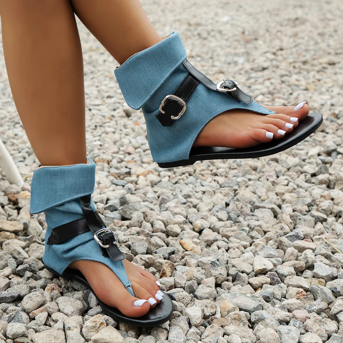Wedge Flat Roman Sandals Denim Fabric Leather With Buckle High Top Herringbone Cool Boots For Women_voghion.com