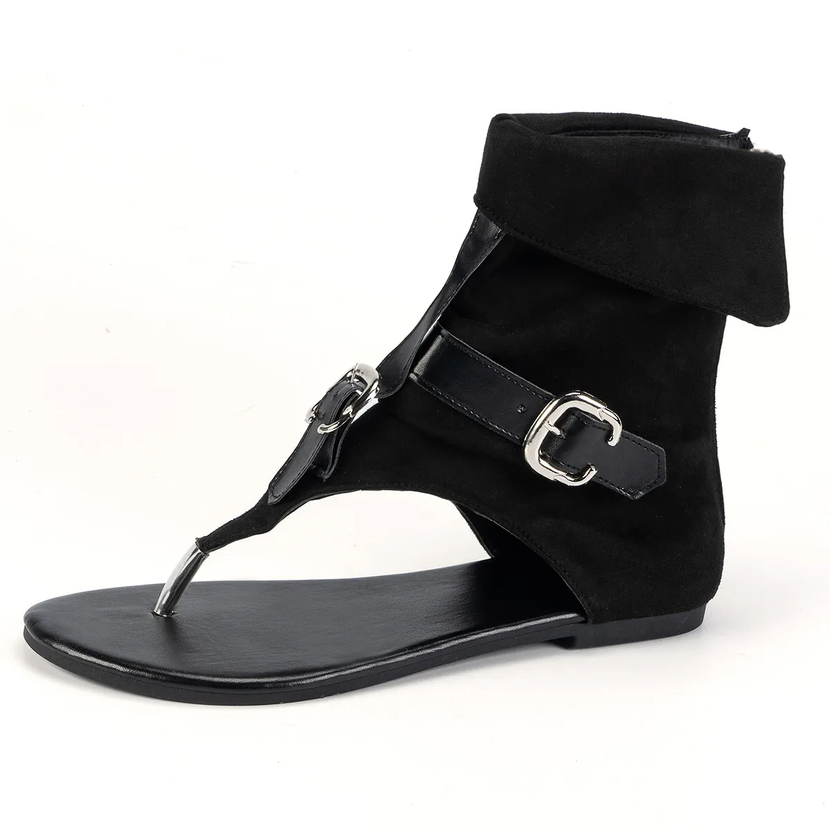 Wedge Flat Roman Sandals Denim Fabric Leather With Buckle High Top Herringbone Cool Boots For Women_voghion.com