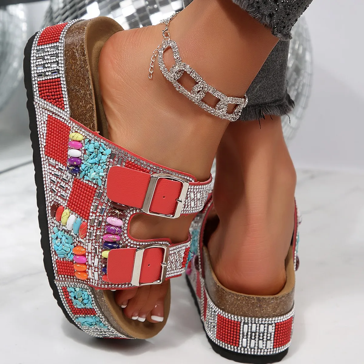 New Thick Bottom Water Diamond Double Button Beach 2026 Summer Cork Cool Slippers For Women_voghion.com