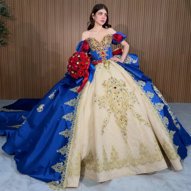 royal blue and gold quinceanera dresses Royal Blue Quinceanera Dresses Off Shoulder From Zaomeng321 Navy blue Modest Slip Dress Abaya destination wedding dresses cheap Perfect for ceremonies and Size:42/48 (L)