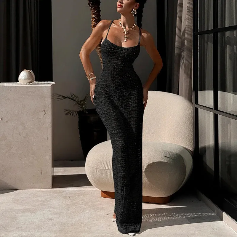 backless tie up dress Beach Vacation Tie-Up Cover-Up Dress, Slim Fit Knitted Slip with Side Slit, Hollow Out Plain Pattern, Sexy Style tie back dress mini