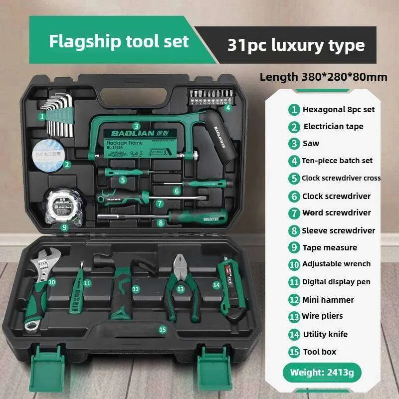 31-Pc Crimping Tool Set with Plastic Toolbox Case, 380 x 280 x 80mm Hand Tools Kit Including Hex Keys, Electrician Tape, Screwdrivers, Wrench, Hammer, Pliers, Utility Knife, Tape Measure