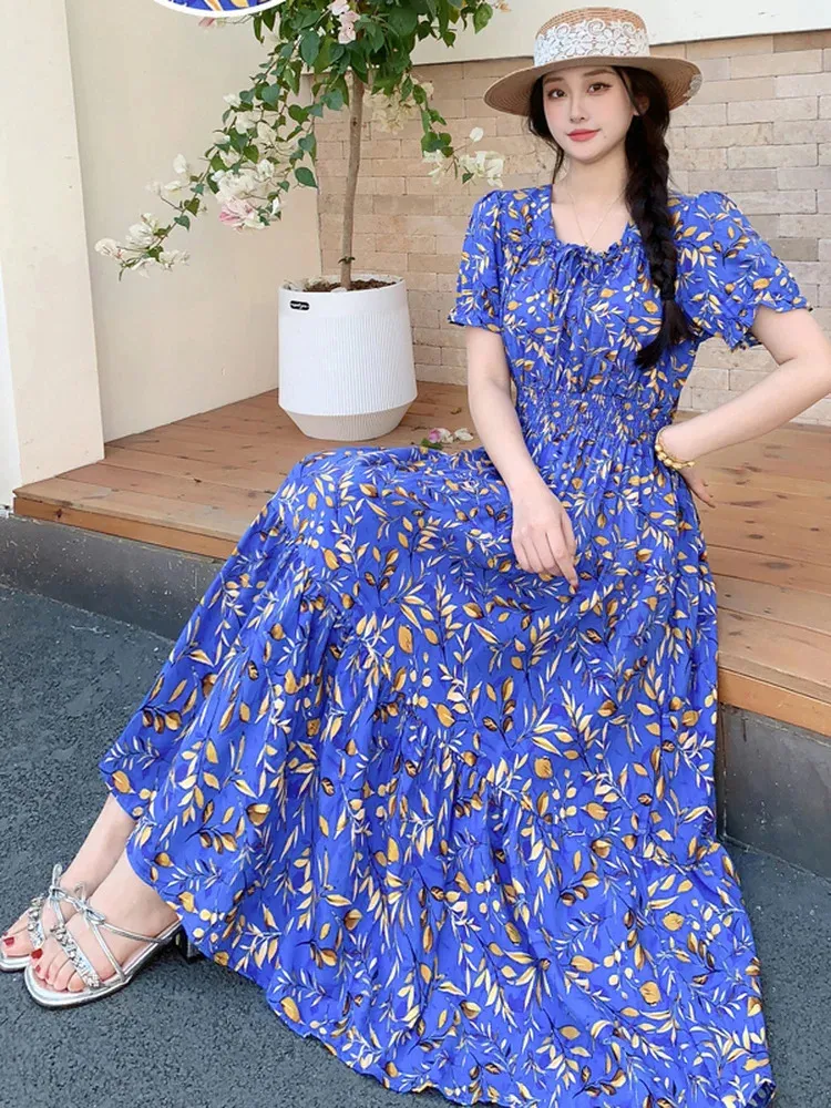 Summer Cotton Silk Floral Print Maxi Dress, High Waist Swing Skirt Beachwear for Young Women, Large Size