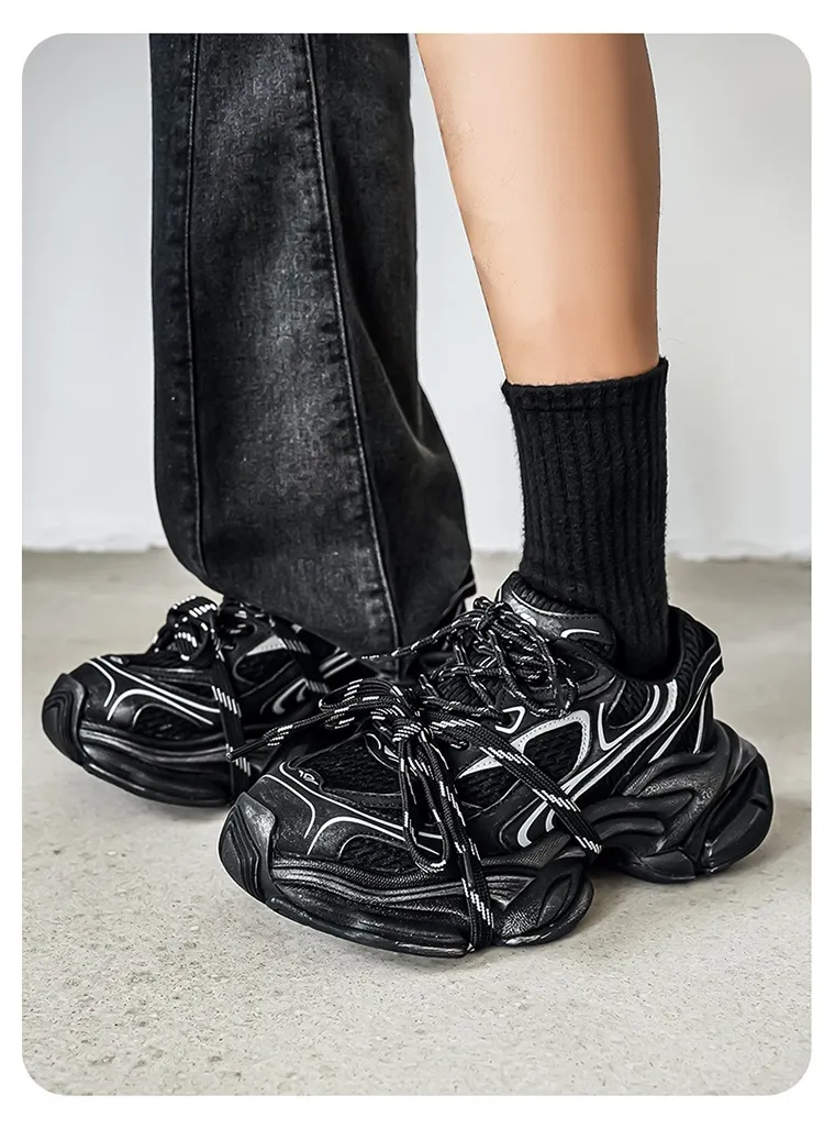 Men's Black Chunky Mesh Running Shoes With Reflective Details_voghion.com