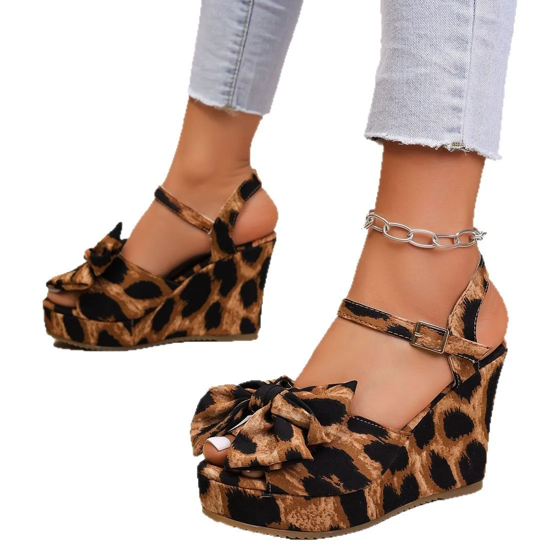 Wedges Sandals For Women High Heels Beach Shoes Summer Sexy Open Toe Leopard Broad Band Buckle Strap Platform Sandales_voghion.com