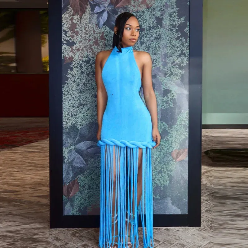 dresses with fringes and border of blue Womens Halter Neck Bodycon Dress Sleeveless... From Shewang05, $40.2 fringe formal dress
