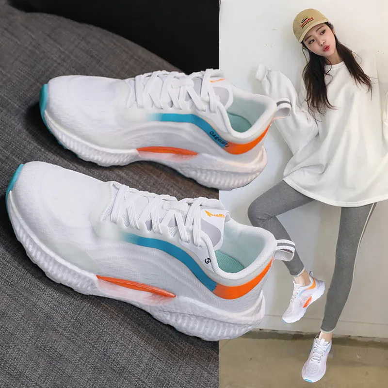 Women's Lightweight White Orange Gradient Mesh Running Shoes With Breathable Upper Outfit Daily_voghion.com
