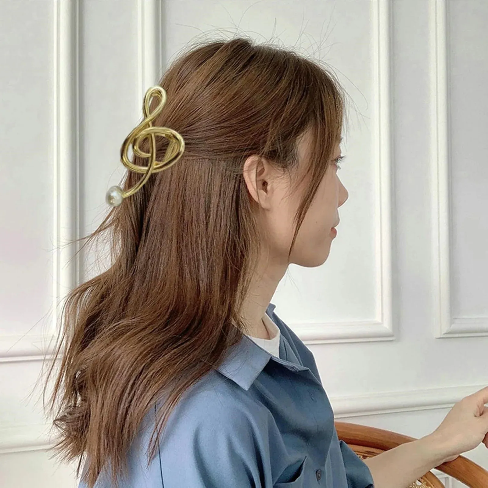 Gold Pearl Music Note Hair Claw Hair Accessory 1PC Treble Clef Hair Clips with Pearls, Metal Music Note  main image 4