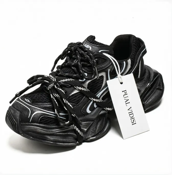 Men's Streetwear Black Chunky Mesh Dad Sneakers With Reflective Details And Layered Sole Daily Outft_vogvips.com