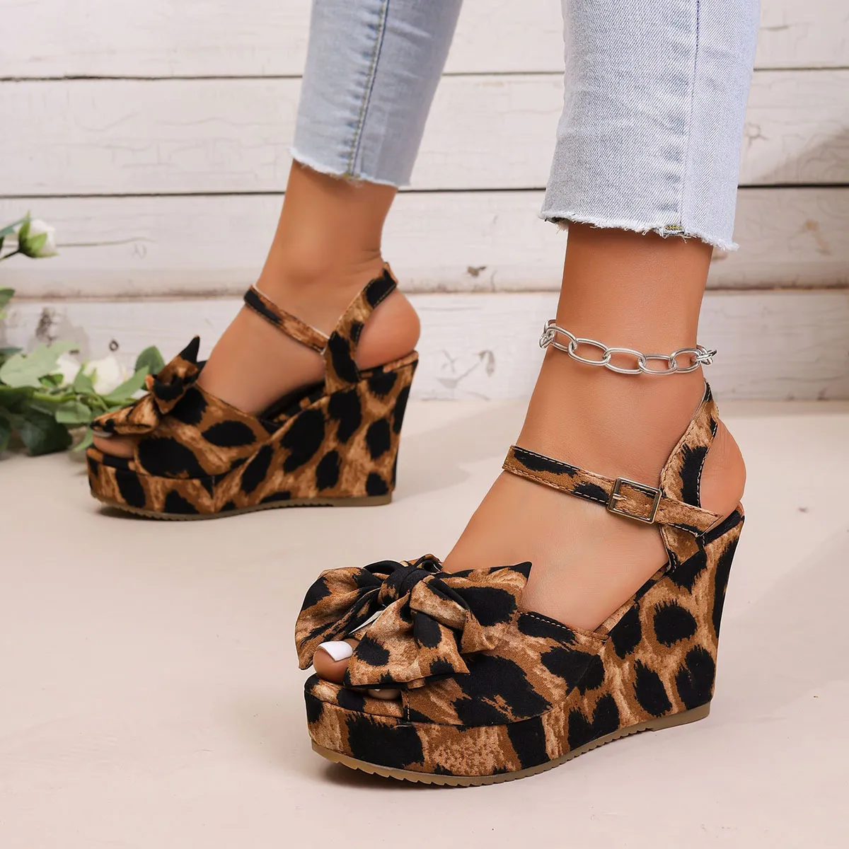 Leopard Print Platform Wedge Sandals For Women Summer Open Toe_voghion.com