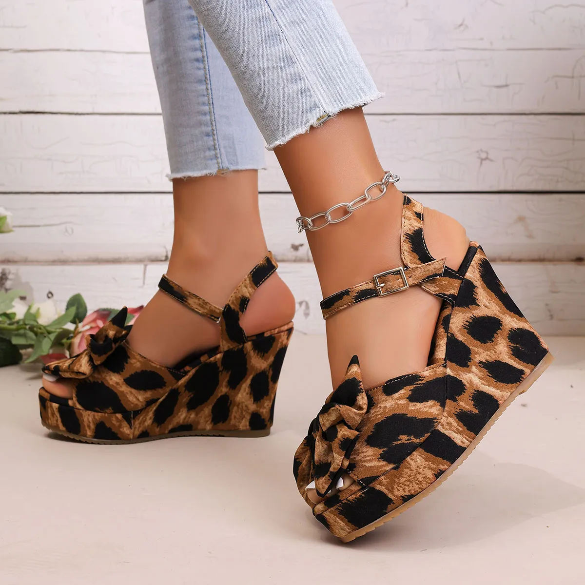Wedges Sandals For Women High Heels Beach Shoes Summer Sexy Open Toe Leopard Broad Band Buckle Strap Platform Sandales_voghion.com