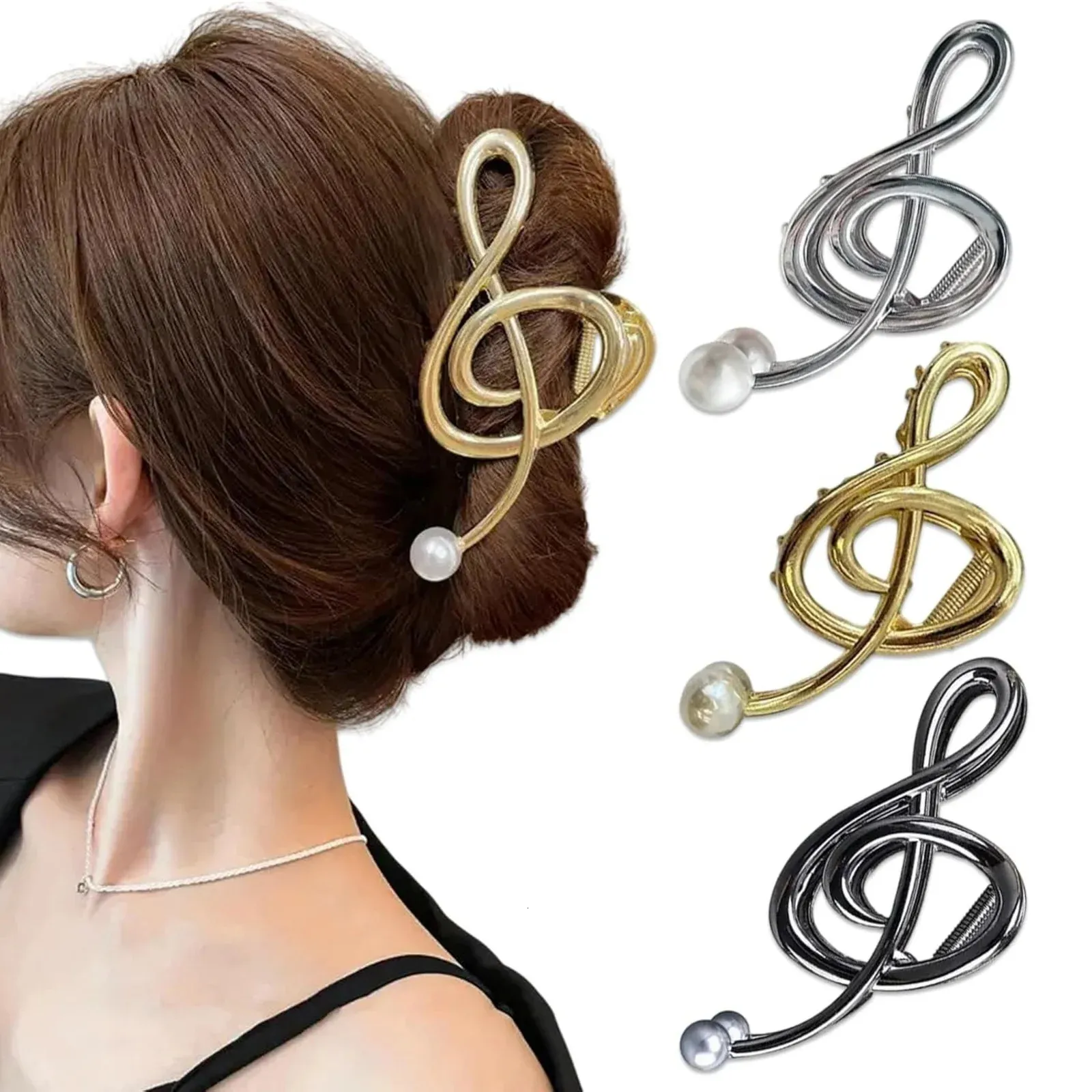 Gold Pearl Music Note Hair Claw Hair Accessory 1PC Treble Clef Hair Clips with Pearls, Metal Music Note  main image 2