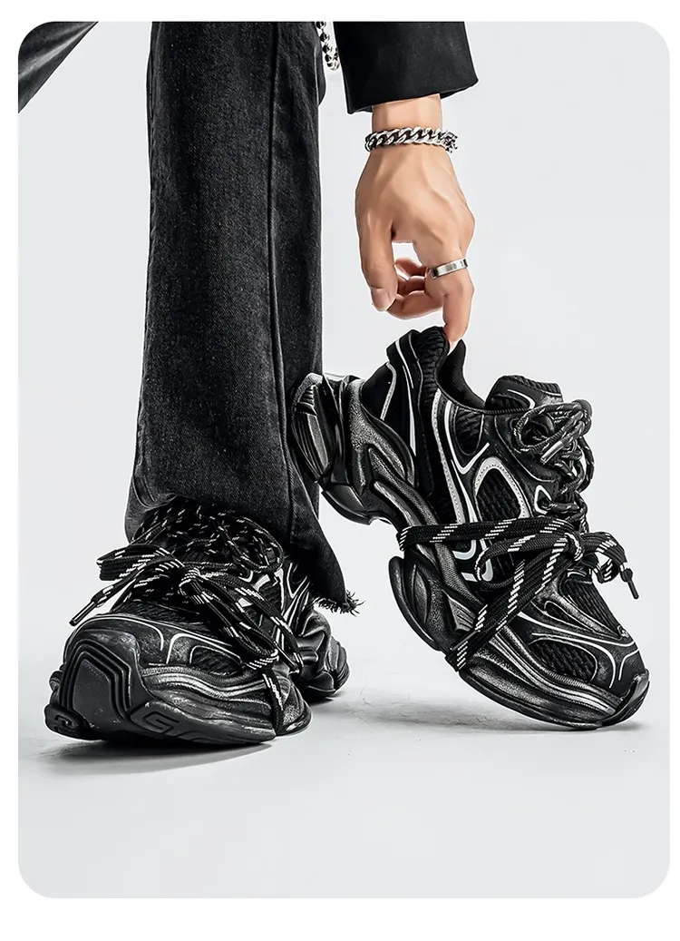 Men's Black Chunky Mesh Running Shoes With Reflective Details_voghion.com