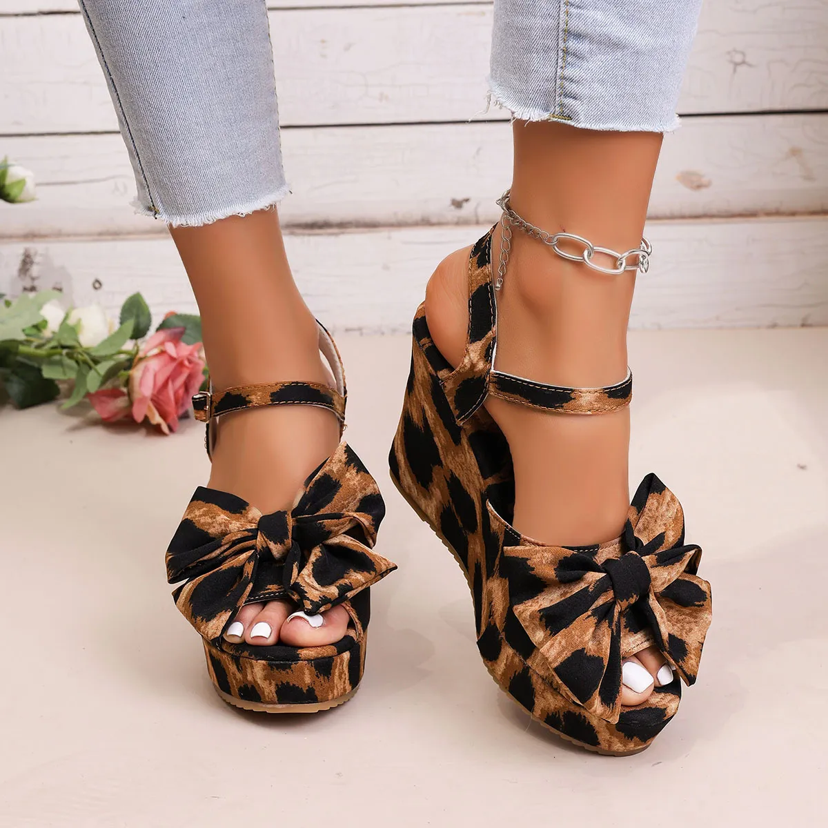 Wedges Sandals For Women High Heels Beach Shoes Summer Sexy Open Toe Leopard Broad Band Buckle Strap Platform Sandales_voghion.com