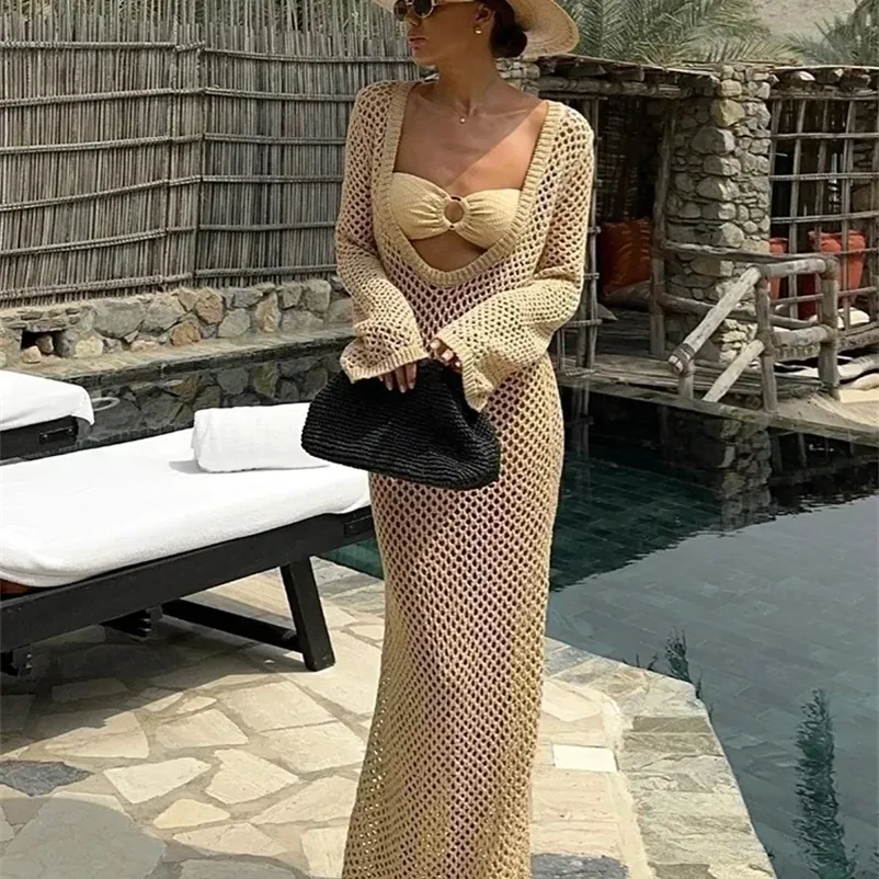 knit maxi dress cover up K21 Womens U-Neck Bell Sleeve Beach dress white