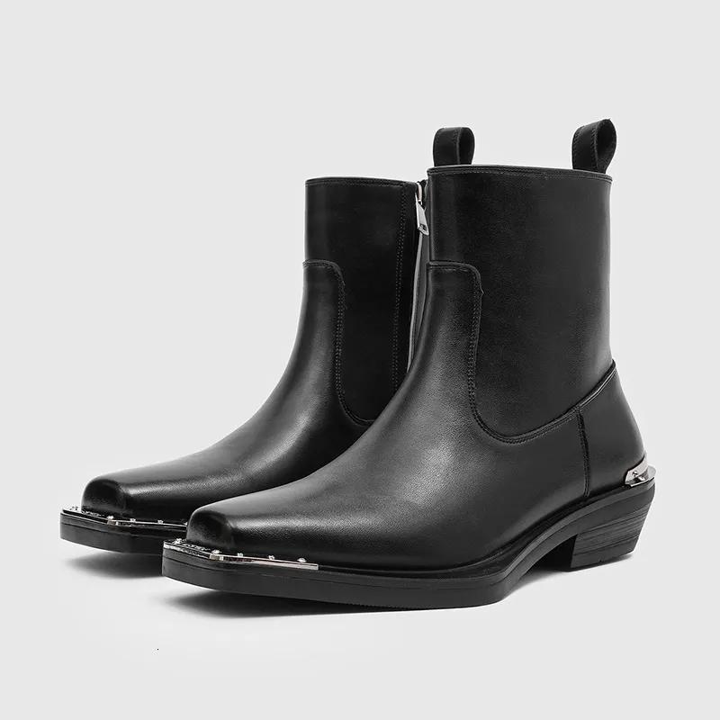 Durable Men Black Leather Ankle Boots With Metal Toe Cap And Cuban Heel_voghion.com