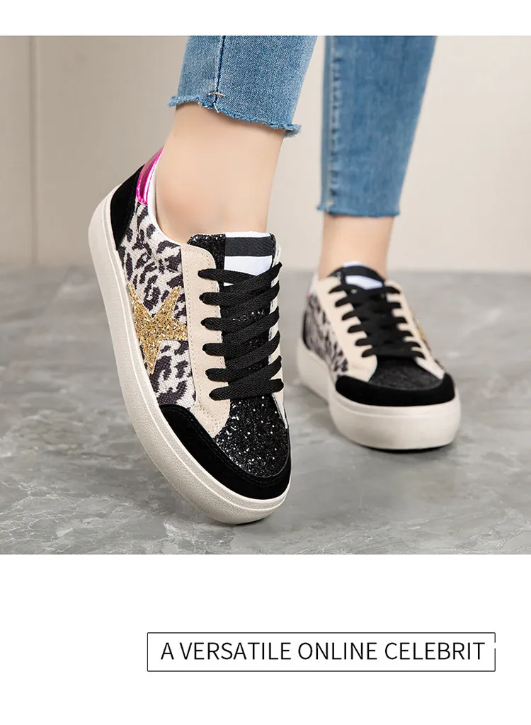 Womens Casual Leather Running Trainers With Silver Glitter Star_voghion.com