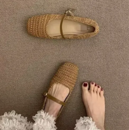 Braided Flat Ballet Square Toe Mary Jane Shoe Women Comfy Breathable Summer Casual Retro Skeleton Balleting Shoes 240921_voghion.com